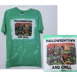 'Halloweentown and Chill' Graphic Green Bleach Spatter Short Sleeve Tee Medium